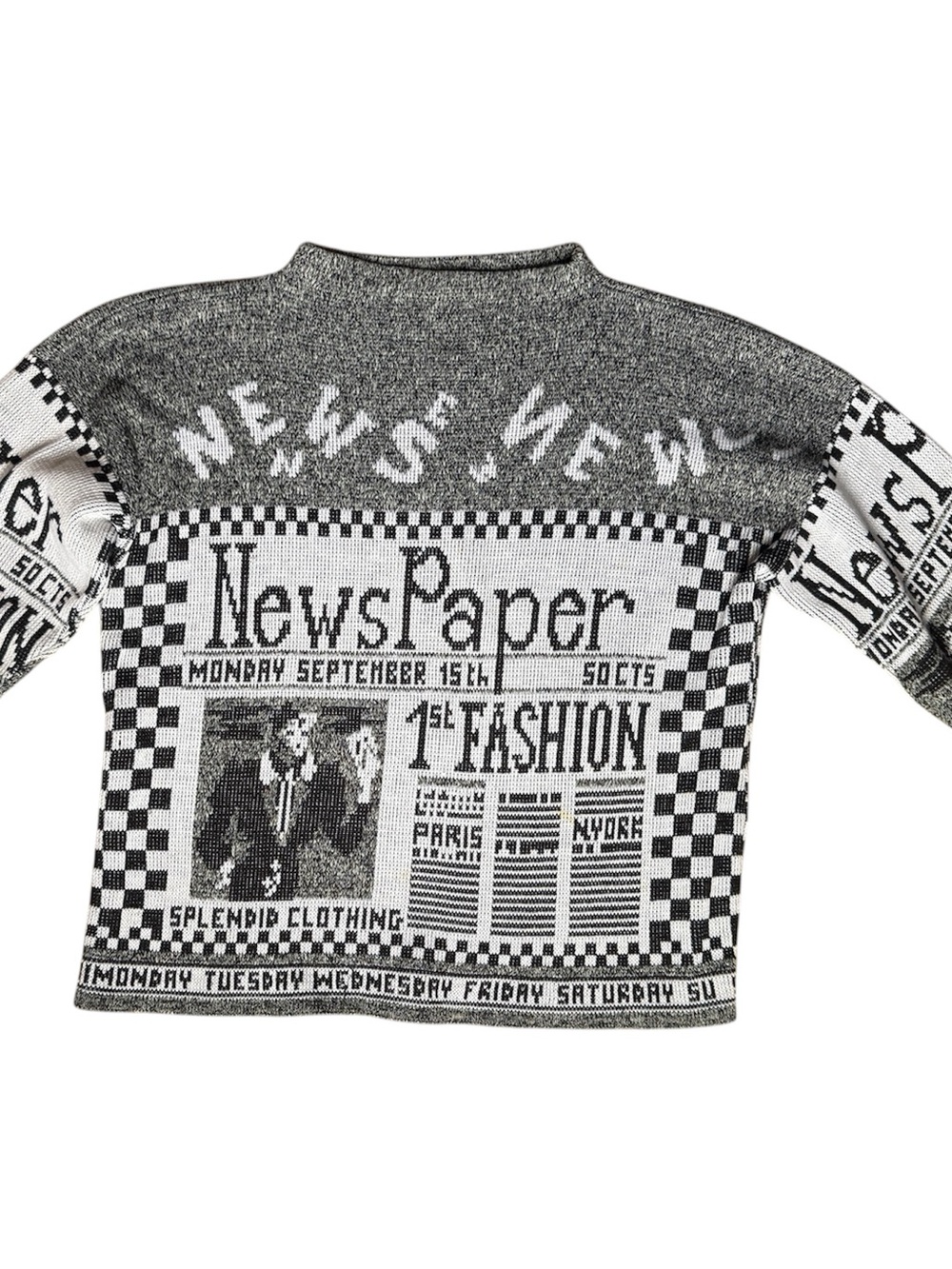 Black & White Graphic Crewneck Newsprint Sweater - Picture 6 of 7